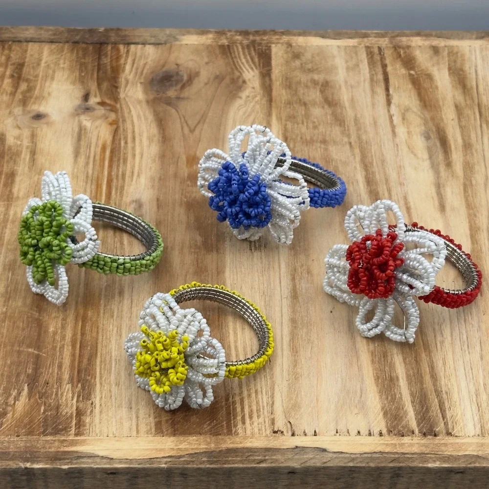 Beaded Flower Napkin Rings Multicolor Floral Set of 4 Spring Decor Cottagecore